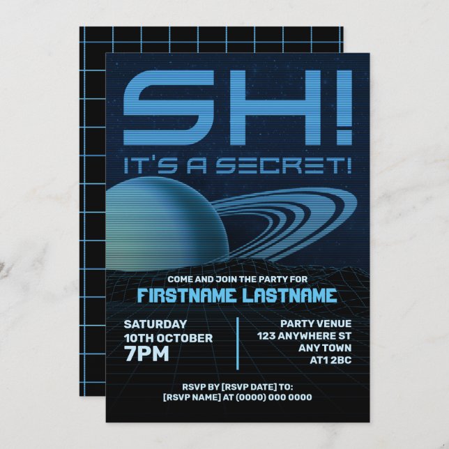 Blue Retrowave Surprise Birthday Party Invitation (Front/Back)