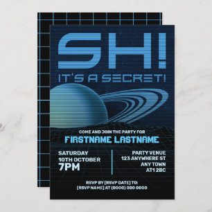 Blue Retrowave Surprise Birthday Party Invitation