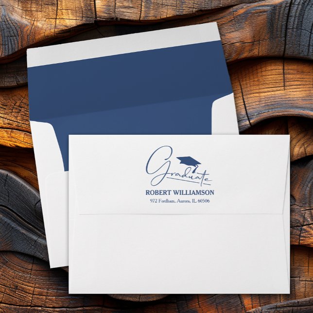 Blue Return Address Graduation Cap Envelope (Blue graduation cap, printed blue lining and FREE return address envelopes)