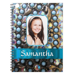 Blue rhinestone photo background notebook