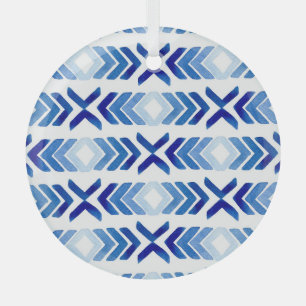 Blue Rhombus Arrows Watercolor Pattern Glass Tree Decoration