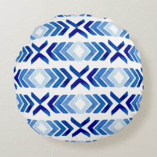 Blue Rhombus Arrows Watercolor Pattern Round Cushion