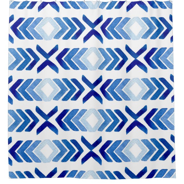 Blue Rhombus Arrows Watercolor Pattern Shower Curtain (Front)