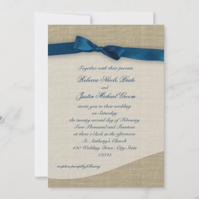 Blue Ribbon and Burlap Wedding Invitation (Front)