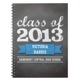 Blue ribbon banner chalkboard graduation student notebook