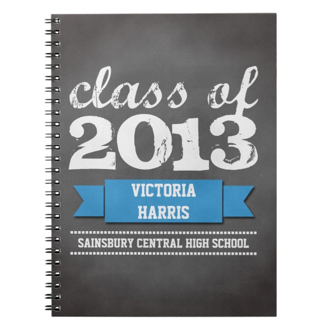 Blue ribbon banner chalkboard graduation student notebook (Front)