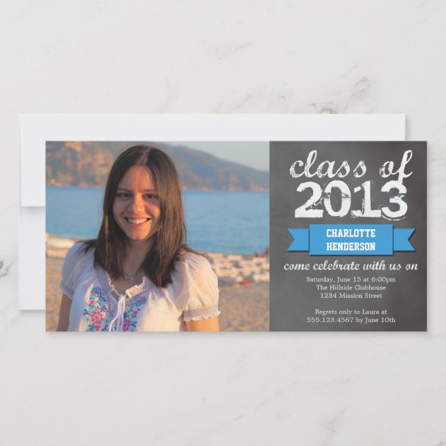 Blue ribbon banner chalkboard photo graduation announcement (Front)