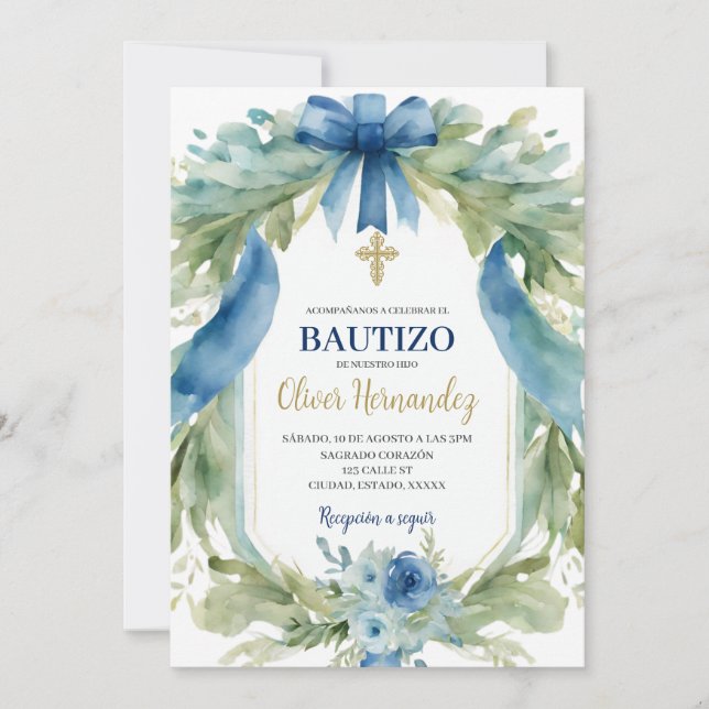 Blue ribbon Bautizo Spanish Invitation (Front)