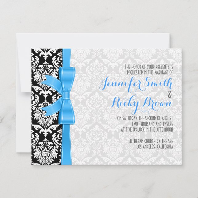 Blue Ribbon Black And White Damasks Wedding Invitation (Front)