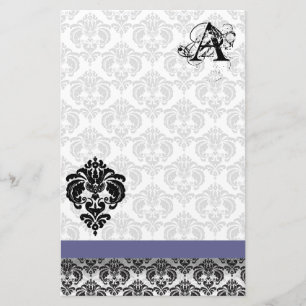 Blue Ribbon Black Damask Monogram Recycled Paper