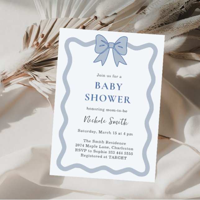 Blue Ribbon Bow Baby Shower Invitation (Creator Uploaded)