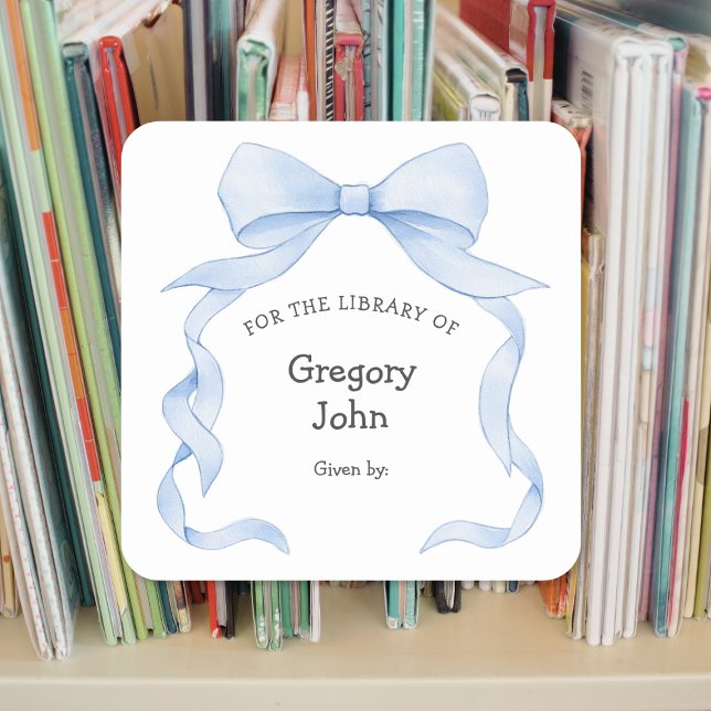 Blue Ribbon Bow boy baby shower bookplate Square Sticker (Creator Uploaded)