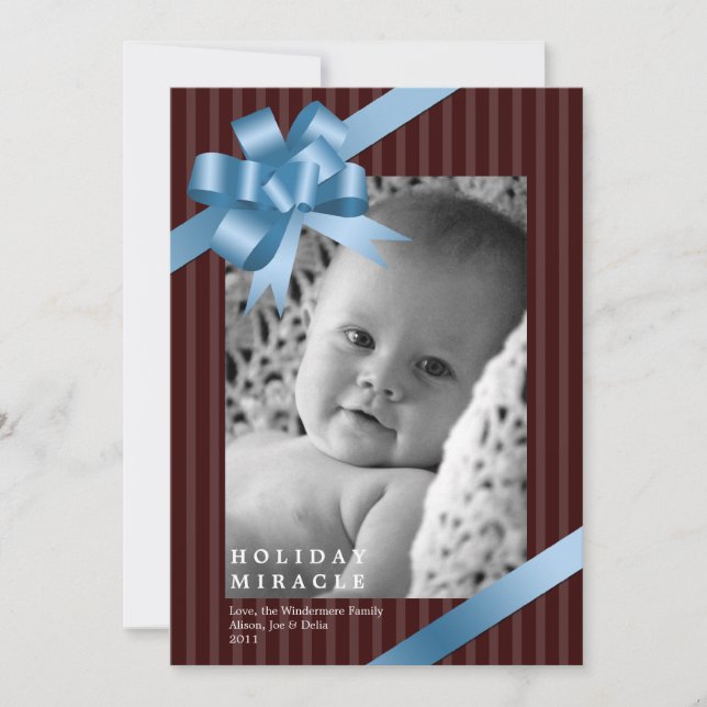 Blue ribbon bow frame holiday miracle baby first card (Front)