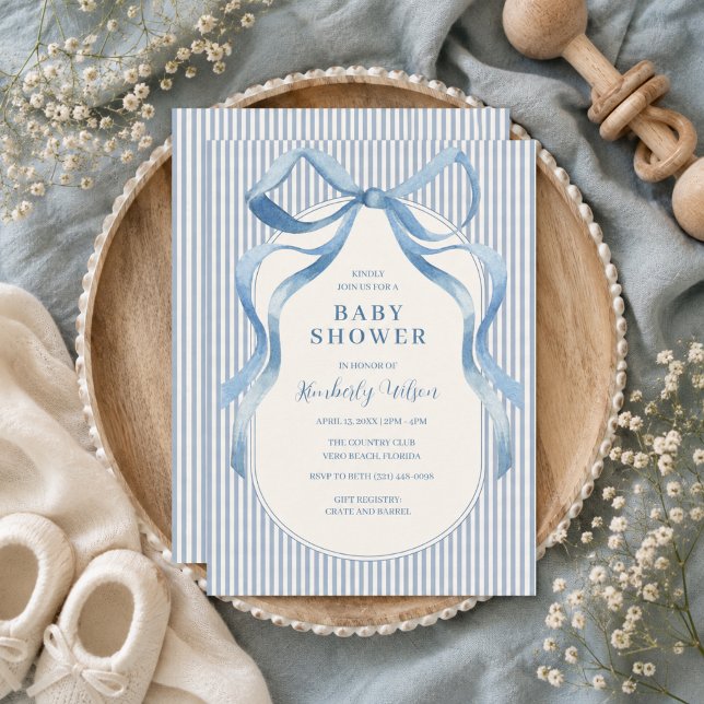Blue Ribbon Bow Stripe Baby Shower  Invitation (Blue Ribbon Bow Stripe Baby Shower Invitation)