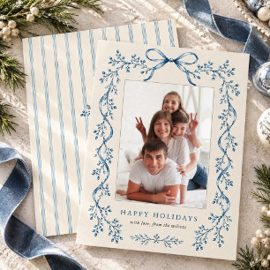 Blue Ribbon Bow Vertical Ticking Stripe Photo Holiday Card