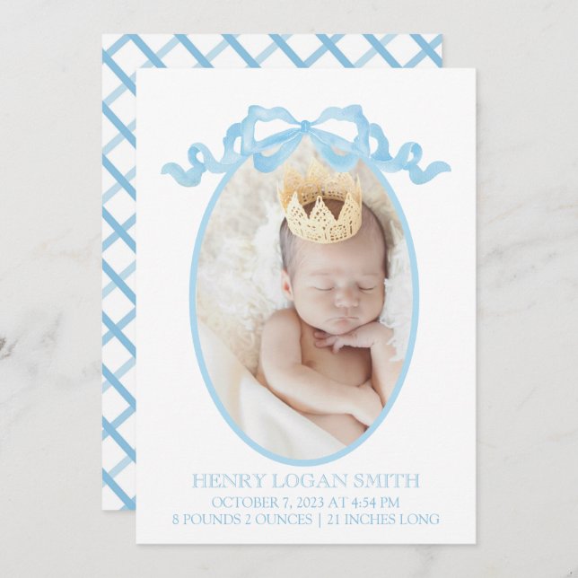 Blue Ribbon Bow Watercolor Gingham Baby Boy Holiday Card (Front/Back)
