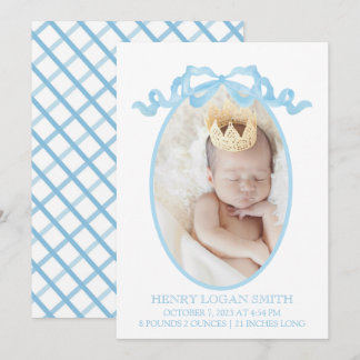 Blue Ribbon Bow Watercolor Gingham Baby Boy Holiday Card