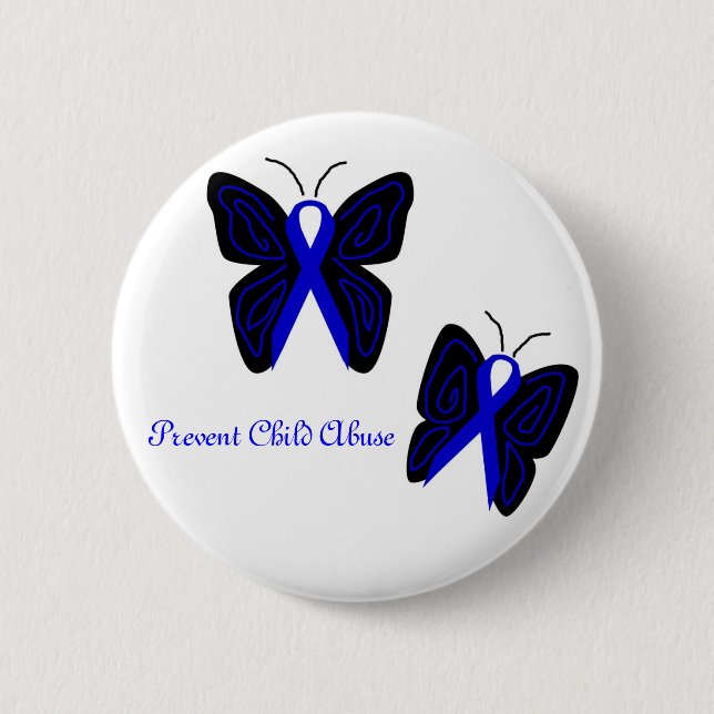 Blue Ribbon butterflies Prevent Child Abuse button (Front)