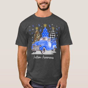 Blue Ribbon Christmas Vintage Truck Autism Awarene T-Shirt