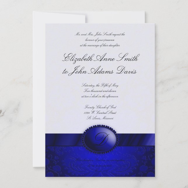 Blue Ribbon Damask Wedding Invitation (Front)