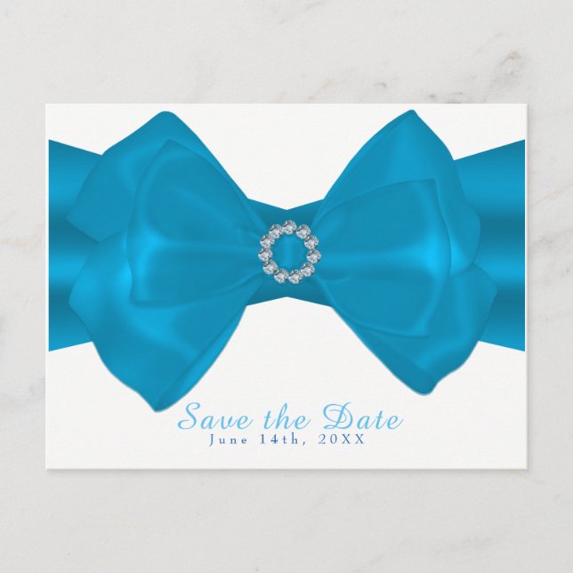 Blue Ribbon & Diamonds Elegant Glam Save the Date Announcement Postcard (Front)