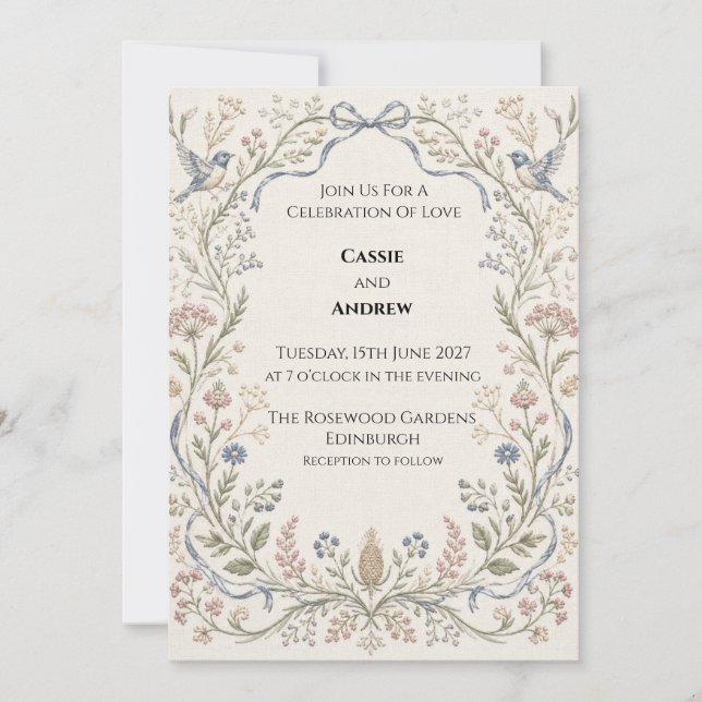 Blue Ribbon Folk Art Bird Wedding Invitation (Front)
