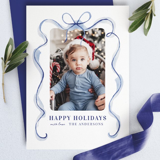 Blue Ribbon Frame Happy Holidays Photo Holiday Card (Creator Uploaded)
