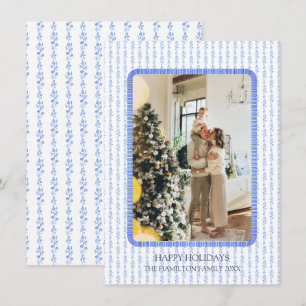 Blue Ribbon Frame Photo Grandmillennial Holiday Card