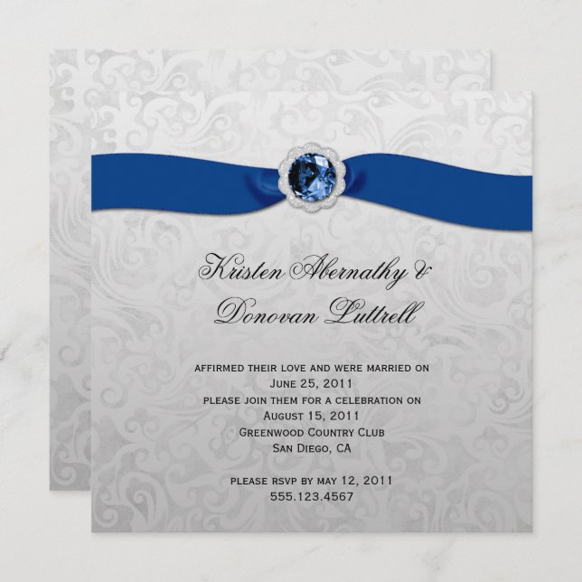 Blue Ribbon Gem Silver Post Wedding Invitation (Front/Back)