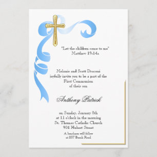 Blue Ribbon Gold Cross Communion Invitation