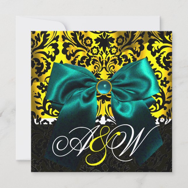BLUE RIBBON GOLD YELLOW  BLACK  DAMASK MONOGRAM INVITATION (Front)
