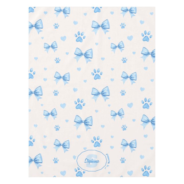Blue Ribbon, Heart & Paw Print Pattern on White Tablecloth (Front)