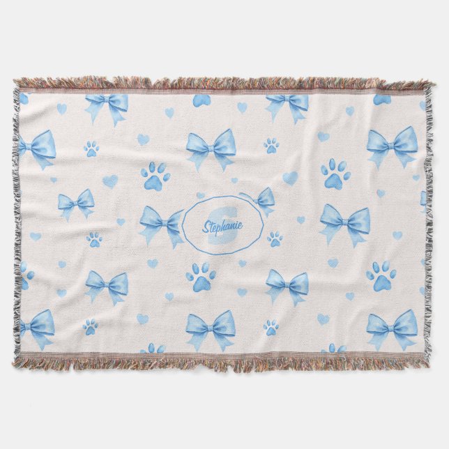 Blue Ribbon, Heart & Paw Print Pattern on White Throw Blanket (Front)