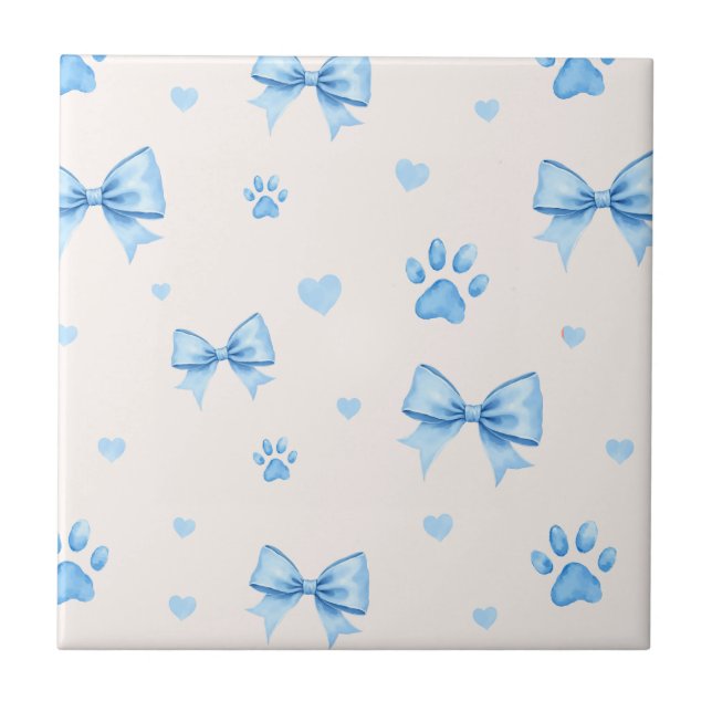 Blue Ribbon, Heart & Paw Print Pattern on White Tile (Front)