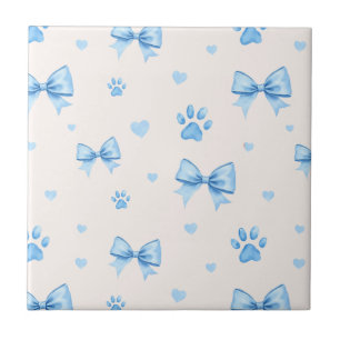 Blue Ribbon, Heart & Paw Print Pattern on White Tile