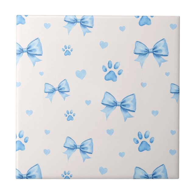 Blue Ribbon, Heart & Paw Print Pattern on White Tile (Front)