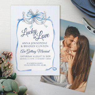 Blue ribbon lucky in love horseshoe invitation