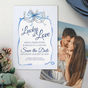 Blue ribbon lucky in love horseshoe save the date