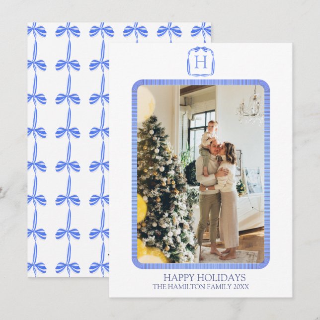 Blue Ribbon Monogram Photo Grandmillennial Holiday Card (Front/Back)