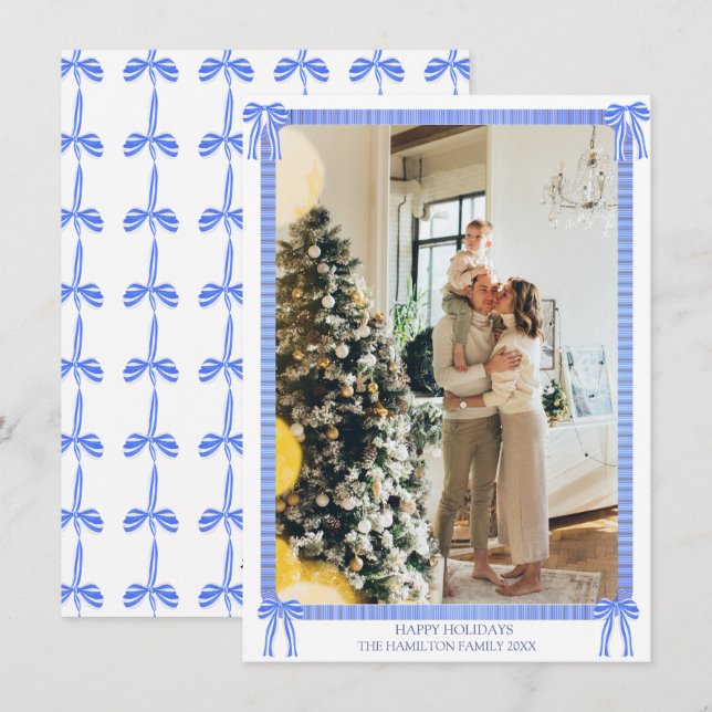 Blue Ribbon Photo Grandmillennial Holiday Card (Front/Back)
