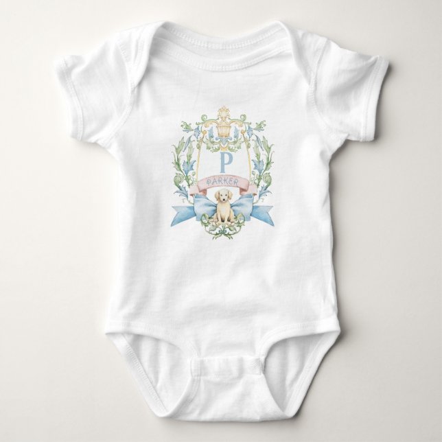 Blue Ribbon Puppy Baby Monogram Crest  Baby Bodysuit (Front)
