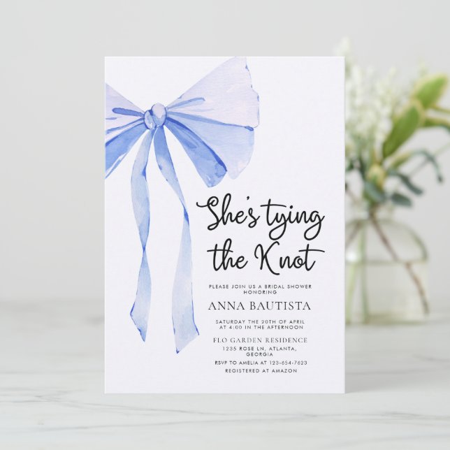 Blue Ribbon She's Tying The Knot Bridal Shower  Invitation (Standing Front)