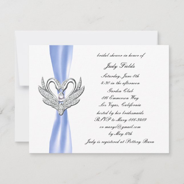 Blue Ribbon Silver Swans Bridal Shower Invitation (Front)