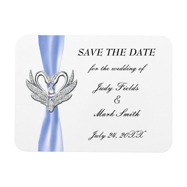 Blue Ribbon Silver Swans Save The Date Magnet (Horizontal)
