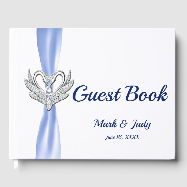 Blue Ribbon Silver Swans Wedding Guestbook (Front)