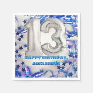 Blue Ribbon & Stars Confetti 13th Birthday Party Napkin
