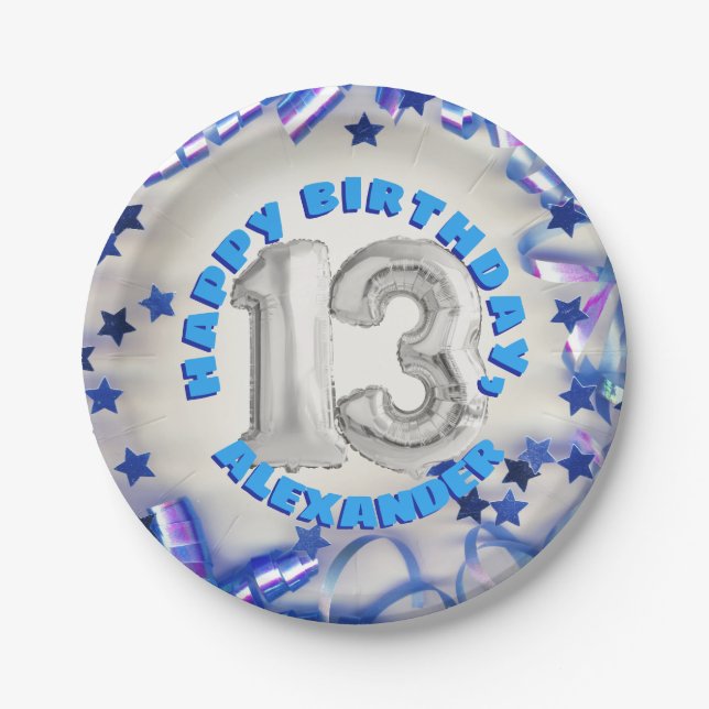 Blue Ribbon & Stars Confetti 13th Birthday Party Paper Plate (Front)
