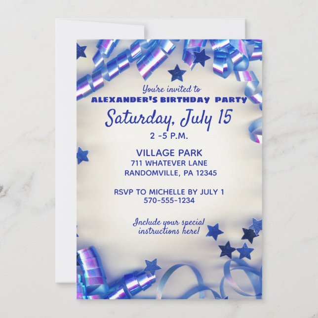 Blue Ribbon & Stars Confetti 14th Birthday Party Invitation (Back)