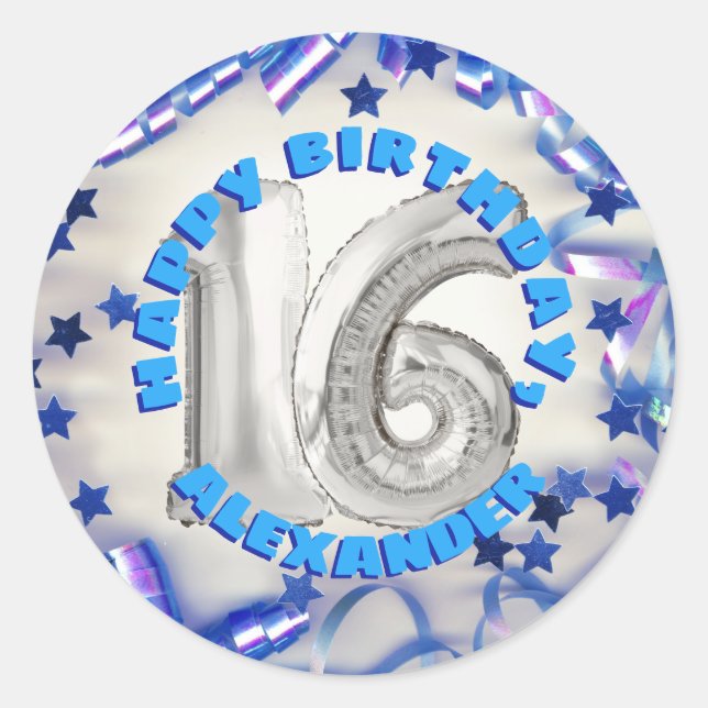 Blue Ribbon & Stars Confetti 16th Birthday Party Classic Round Sticker (Front)