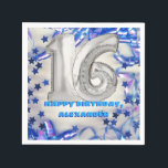 Blue Ribbon & Stars Confetti 16th Birthday Party Napkin<br><div class="desc">Celebrate his sixteenth birthday in style with these fun and festive birthday party paper napkins. These birthday party napkins feature a silver number sixteen shaped helium balloons graphic and festive blue confetti. Easily personalise these 16th birthday party supplies with your name using the fill in the blank template field. They're...</div>